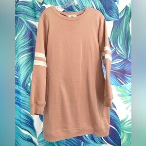 Dusty Rose Long Sleeve Sweatshirt Dress with White Arm Stripes